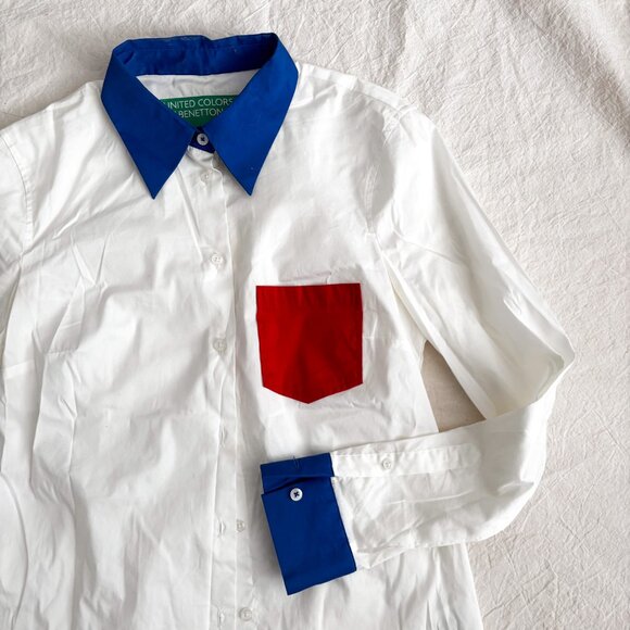 United Colors of Benetton Color Block Button Down Shirt XS White Blue Red Long S - Picture 2 of 4